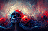 Created with Midjourney from this prompt: the sound of anxiety screaming inside my skull for eternity, fractal, crimson and cerulean — v 3 — ar 16:9
