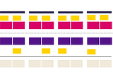 A diagram of 8 rows of yellow, pink, purple, and black rectangles and lines, meant to represent a service blueprint.
