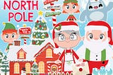 North Pole Clipart, Black and White, Digital Stamps, Commercial Use, Santa, Mrs. Clause, Elf, Reindeer, Polar Bear, Yeti, Penguin, Sleigh