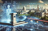 A digital landscape with glowing circuits and data streams representing AI security. A futuristic podium in the foreground signifies public speaking. The background transitions from Washington D.C.’s Capitol Building to London’s Parliament, illuminated by a soft neon glow. The color palette features blue, silver, and neon accents in a dynamic, modern style.