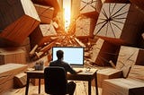 A man sitting at a desk, staring at a computer screen, surrounded by large wooden blocks, with cracks visible in one behind him.