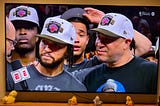 Jalen Brunson with his father Rick Brunson after winning the 2026 NBA championship