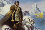 Cover of Swordthrust. A white man with black hair stands on a snowy mountain, wearing armor and furs and holding a large dagger. He is flanked by three huge, fierce-looking white direwolves.