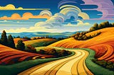 pop art illustration of a country road leading off into the distance, with gently rolling hills in the background