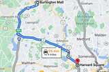Google Maps choices for traveling from a local shopping mall to Harvard Square