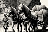 Two horses pulling a cart in the Middle Ages.