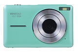 A promotional shot, on a white background, of a teal-colored Vivitar VECS124 PopSnap camera.