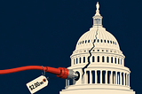 Minimalist illustration of a red coaxial cable plugged into the cream-colored U.S. Capitol dome, splitting it with a jagged crack, while a white “$2.00/MO” price tag hangs from the cable against a midnight-blue background.