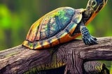 Small freshwater turtle sitting on a log in a swamp. The turtle’s skin and shell have geometric markings that are brown, gray, yellow, and green colors.