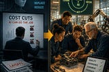 IMAGE: A split-screen illustration contrasts AI-driven layoffs with a collaborative human-AI engineering workflow based on expertise, quality control, and continuous feedback