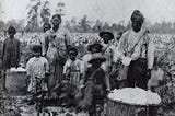 Photograph that shows a family of enslaved people standing in a cotton field. The photo shows a man and woman and eight children, as well as two large baskets of cotton bolls.