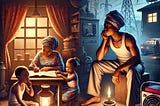 A split-screen image depicting the impact of rising energy costs in Nigeria. A Nigerian family sits in a dimly lit home, children staring and a father thinking. This image was generated using DALL·E, an AI image tool developed by OpenAI.