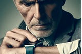 An older man showing great concern while looking at his smartwatch