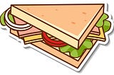 An illustration of half a sandwich, with white bread, onions, meat, cheese, a tomato and lettuce.