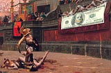 Jean-Leon Gerome’s painting Pollice Verso, 1872, depicting gladiators in an arena with noble onlookers giving a thumbs-down gesture. The tapestry before the nobles has been replaced with a US $100 bill in which Ben Franklin’s mouth has been replaced by an Amazon smile logo. Image: Jean-Leon Gerome (modified) US Treasury (modified) Amazon (modified)