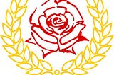 a bread and roses logo of a red rose surrounded by wheat sheafs
