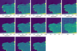 13 side-by-side images with varying degrees of blurriness. Example of a chip sampled from a MultiRasterSource that combines the 13 Sentinel-2 bands.