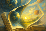 Worlds are illustrated emerging from the written pages of a book.