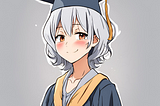 Anime of middle aged graduate in cap and gown.