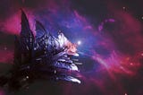 A large Storm Ship with many fin like sails soars through a rich, wine dark mass of colour and stars. In the distance a Maelstrom Dragon can be seen soaring majestically past.