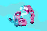 An abstract image of the face of a statue split in two with a question mark between it.
