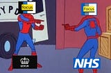 Spider-man with the GOV.UK focus state style pointing at a Spider-man with the NHS.UK focus state style.