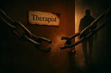 A locked door labeled “Therapist” with heavy chains across it and a shadowy figure approaching from the hallway — symbolizing professional betrayal, psychological captivity, and the illusion of safety in a weaponized therapeutic relationship.