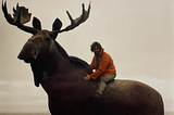 A windswept, long-haired man with a beard wearing an orange jacket on the back of a giant moose.