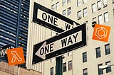 Traffic signs pointing to different AWS service icons
