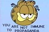 A meme of Garfield the cat that’s captioned with the text “You Are Not Immune to Propaganda.”