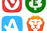 IMAGE: The logos of four alternative browsers, Aloha, Brave, Ecosia and Vivaldi