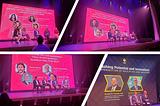 A set of 4 images showcasing panel discussions between people sitting on chairs on a large stage. Text in background of images reads: Digital Twins Status Update, Opportunities, and Challenges… Charging the Future With Spatial Data Planes… Scaling XR and Emerging Tech in Enterprise… Unleashing Potential and Innovation Intersection of Education and Industry.