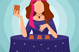 Image of cartoon tarot reader holding one card in hand with three more cards spread on the table in front of her