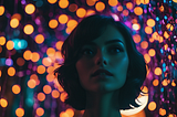 A young woman starring outward from orange and purple lights hanging around her.