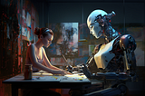 A humanoid robot is helping a young girl paint a canvas.