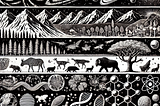A generated image showing different scales of nature with galaxies at the top and creatures in the middle and atoms and cells at the bottom