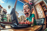 Caricature of an elderly woman with exaggerated features energetically typing on a computer in a home office, with a phone and a hot air balloon visible through the window.