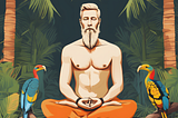 A bearded man meditating cross-legged in the jungle with a tropical bird on either side.