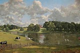 John Constable, Wivenhoe Park, Essex (1816). Oil on canvas, 56.1 x 101.2 cm (22 x 39.8 in). A park with a lake, a fence, cattle, birds, meadows, and trees, and a sky with cumulus clouds.