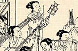 black and white ancient engraving of five Chinese women instrumentalists
