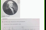 Image of Talkback service capturing an image on screen. A green border is drwn around the image boundaries. Here the image is a screenshot of a exam where the question is Who was Americas first president.
