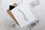 A clipboard resting on top of several anatomical drawings. On the clipboard is a highly detailed drawing of the spine.