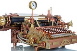 An antique typewriter has been retrofitted in steampunk style, giving it “character”