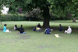 A circle of seven people sit in meditation in Regents Park, London.