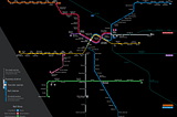 My “honest geographic diagram of LA Metro Rail and Busway” as of June 2023. Bold metro and busway lines sit on a black background, adhering to 30-degree angle increments and thinning at on-street segments.