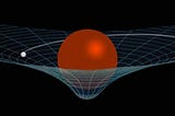 A particle(white) rolling on the surface of curved space-time fabric due to matter(orange).