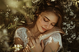 Woman cradling herself with her eyes closed by flowers and sunshine peeking through onto her face