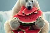 A Polar bear sitting on its hind legs, eating watermelon