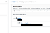 A display of my AWS account under AWS sso, at the root we have the Root user his id, below my default account with my name, his account id and my mail striked out