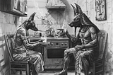 Pencil drawing of two creatures that look like Anubis, sitting in a kitchen. Created by author on Midjourney.